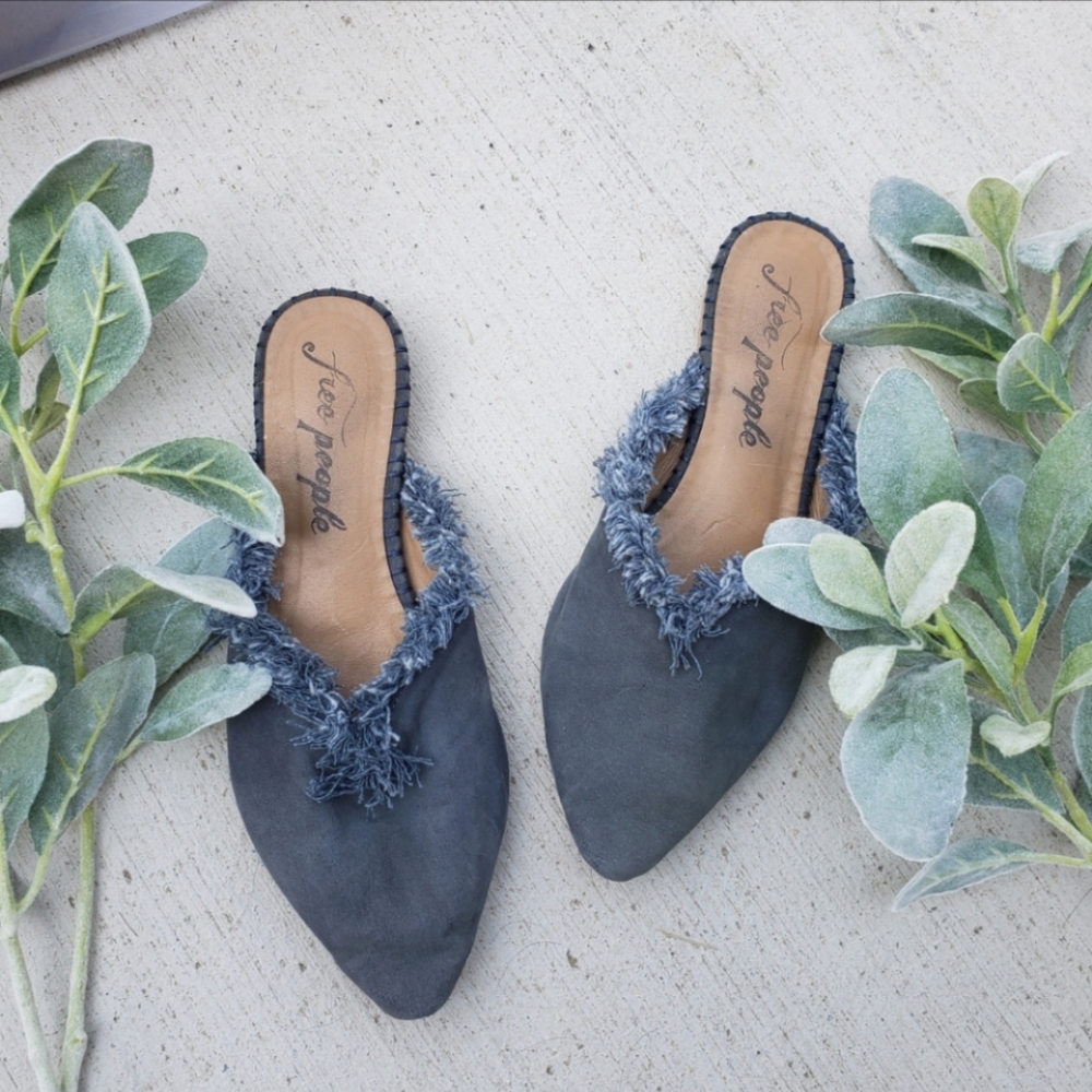 Free People Newport Navy Blue Leather Suede Fring Flat Mules Shoes